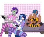 anthro bulge clothing controller crystal_glaze_(oc) equid equine fan_character footwear freako_(oc) hasbro hi_res horn legwear long_socks mammal my_little_pony pattern_clothing pattern_footwear pattern_legwear pattern_socks pegasus shallow_win_(oc) shallowwin socks striped_clothing striped_footwear striped_socks stripes underwear unicorn wings