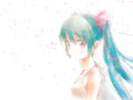  aqua_eyes aqua_hair breasts cleavage earrings hair_ornament halter_top halterneck hatsune_miku jewelry kowiru long_hair looking_at_viewer petals profile small_breasts smile solo stud_earrings tattoo twintails upper_body vocaloid wind 