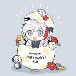  1boy arknights black_hair black_pants black_shirt blue_eyes chibi chibi_inset commentary_request dated egg eggshell_hat elysium_(arknights) emphasis_lines feather_hair flower grey_background happy_birthday hatching jacket looking_at_viewer male_focus multicolored_hair open_mouth pants red_flower red_hair shadow shirt signature smile soppos white_flower white_hair white_jacket yellow_flower 