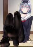  1girl blue_eyes blush choker feet hairband licking_lips light_blue_hair looking_at_viewer no_shoes pantyhose pov pov_feet ryuuou_no_oshigoto! serafuku soles sora_ginko toes 