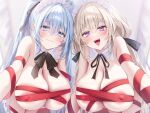  2girls :d all_fours black_bow black_bowtie blonde_hair blue_eyes blue_hair blurry blurry_background blush bow bowtie breasts covered_nipples depth_of_field detached_collar from_below hair_between_eyes hair_ribbon highres huge_breasts indoors light_areolae long_hair looking_at_viewer low_twintails maid maid_headdress multiple_girls naked_ribbon navy_(navy.blue) neck_ribbon original purple_eyes red_ribbon ribbon sidelocks smile take_your_pick teeth tongue twintails upper_teeth_only 