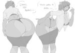 2024 anthro big_butt biped bottomwear butt canid canine canis clothing dialogue domestic_dog dress_shirt english_text female greyscale katharina_(dreamypride) mammal monochrome reptilian_orbit shirt skirt solo text thong topwear underwear