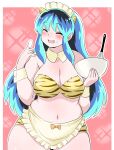  1girl ^_^ alien apron bare_shoulders batter bikini blue_hair blush bow bowl bowtie breasts cake_batter closed_eyes collar commentary_request fang fang_out food_in_mouth happy highres holding holding_bowl horns index_finger_raised large_breasts lum maid maid_apron maid_headdress multicolored_hair oni plump pointy_ears simple_background skindentation solo sparkle_background strapless striped_bikini striped_clothes swimsuit toyishiki_shizuoka tube_top unconventional_maid urusei_yatsura wrist_cuffs 