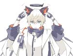  1boy animal_ears arknights black_gloves black_shirt blonde_hair blue_eyes cape cat_boy cat_ears commentary_request executor_(arknights) fingerless_gloves frown gloves halo id_card jacket long_sleeves looking_at_viewer male_focus multiple_bracelets serious shirt simple_background sketch soppos twitter_username upper_body white_background white_cape white_jacket wings 