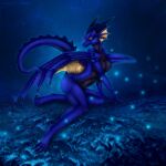 anthro black_body black_scales blue_body blue_claws blue_horn claws dragon fantasy female glowing hi_res horn leave nachtschauer night nipples scales selianth solo yellow_body yellow_eyes yellow_scales