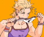  1boy bare_shoulders blonde_hair blue_tank_top closed_eyes earrings eating facial_hair final_fantasy final_fantasy_vi fish food garbage_paper holding holding_food jewelry light_blush male_focus muscular muscular_male ponytail sabin_rene_figaro smile tank_top teeth upper_teeth_only wrist_cuffs 