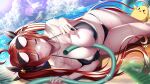  &gt;_&lt; 1girl azur_lane beach between_breasts bikini bird black_bikini blush_stickers breasts cleavage closed_eyes cloud collarbone commentary_request day eyewear_on_head hair_ornament hair_ribbon highres honolulu_(azur_lane) honolulu_(summer_accident?!)_(azur_lane) horizon hose hose_between_breasts large_breasts looking_at_viewer lying manjuu_(azur_lane) ocean on_side open_mouth outdoors red_hair ribbon sky star_(symbol) star_hair_ornament sunglasses swimsuit thighs variant_set wet white_bird yuuzuki_hijiri 