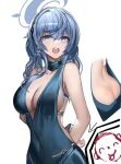  1girl ako_(blue_archive) ako_(dress)_(blue_archive) ass backless_dress backless_outfit bare_shoulders blue_archive blue_dress blue_eyes blue_hair blue_halo blush breasts doodle_sensei_(blue_archive) dress hair_between_eyes halo heatia highres jewelry large_breasts long_hair medium_breasts official_alternate_costume open_mouth revision sensei_(blue_archive) sideboob simple_background sleeveless sleeveless_dress white_background 