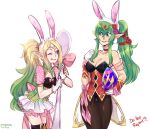  ahoge animal_ears blush breasts bunny_ears bunny_girl bunny_tail bunnysuit chiki detached_collar egg fake_animal_ears fire_emblem fire_emblem:_kakusei fire_emblem:_monshou_no_nazo fire_emblem_heroes fishnet_pantyhose fishnets gloves green_eyes green_hair highres large_breasts leotard long_hair mamkute multiple_girls nono_(fire_emblem) older open_mouth ouriannya pantyhose pointy_ears ponytail purple_eyes smile tail tiara wrist_cuffs 