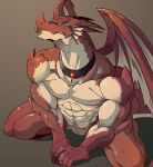 abs annoyed anthro biceps bodily_fluids claws collar digital_media_(artwork) dragon fairy_tail hi_res horn igneel_(fairy_tail) kneeling looking_at_viewer male mayar membrane_(anatomy) membranous_wings muscular muscular_anthro muscular_male muscular_thighs nude pecs pupils red_body scales scalie serratus simple_background slit slit_pupils solo sweat tail teeth triceps western_dragon wings