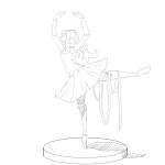  1girl absurdres arabesque_(pose) arms_up ballet ballet_dress ballet_slippers breasts doll doll_joints drawing_mannequin en_pointe full_body greyscale hatsune_miku highres joints lineart long_hair monochrome ribbon simple_background small_breasts solo standing standing_on_one_leg summerwood_000 tutu twintails vocaloid white_background 