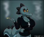  alligator angry annoyed anthro bea_(nitw) big_breasts bottomless breasts cigarette clothed clothing crocodile crocodilian eyelashes female invalid_tag night_in_the_woods reptile scalie smoke smoking solo spocky87 