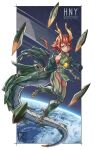  1girl bare_shoulders breasts dragon_girl dragon_horns dragon_tail earth_(planet) english_commentary full_body grin highres horns jacket long_hair looking_at_viewer low_ponytail mecha_musume off_shoulder orange_hair original pelvic_curtain planet pointy_ears signature small_breasts smile solo space tail yellow_eyes zen_(jirakun) 