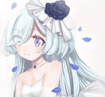  1girl blue_eyes blue_flower blue_hair blue_rose clione_myosotis dress flower happy_saint_sheol heterochromia highres long_hair looking_to_the_side no_lineart ochaocha815 petals purple_eyes rose rose_petals smile solo star_(symbol) symbol-shaped_pupils upper_body wedding_dress white_background white_dress 