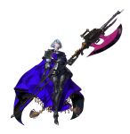  absurdres armor armored_boots armored_dress axe battle_axe blue_hair boots cape colored_sclera expressionless full_armor full_body grey_sclera heez031 highres holding holding_weapon huge_weapon original purple_cape short_hair weapon white_background white_eyes 