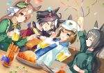  4girls alternate_costume animal_ears black_hair carrot casual cheval_grand_(umamusume) closed_eyes closed_mouth drink food hair_between_eyes hair_ornament hat highres horse_ears kitasan_black_(umamusume) long_hair medium_hair multiple_girls open_mouth rice satono_crown_(umamusume) satono_diamond_(umamusume) smile sparkle sunny_(20597521) umamusume 