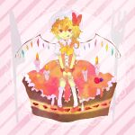  1girl :q adapted_costume ascot blonde_hair buttons cake candle center_frills chirashi flandre_scarlet food fork frills hands_on_own_knees hat kneehighs knees_together_feet_apart knife long_skirt looking_at_viewer medium_hair mob_cap multicolored_wings pigeon-toed pink_background puffy_short_sleeves puffy_sleeves red_eyes red_footwear red_skirt red_vest shirt short_sleeves simple_background sitting_on_food skirt socks solo strawberry_cake striped_background tongue tongue_out touhou vest white_headwear white_shirt white_socks wings yellow_ascot 