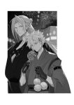  2boys absurdres black_gloves black_kimono border candy_apple caramel chest_strap closed_mouth cloud_strife final_fantasy final_fantasy_vii final_fantasy_vii_remake fireworks food gloves greyscale hair_between_eyes hair_bun hair_ornament hairclip half_updo highres japanese_clothes kimono long_hair male_focus monochrome multiple_boys parted_bangs pokashi sephiroth spiked_hair sweatdrop upper_body white_border 