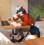 anthro apollo_(apollofoxxo) barefoot black_body black_eyes black_fur blue_body blue_fur bottomwear brown_pawpads canid chair clothed clothing coffee_cup computer container corzh77 cup electronics feet fur furniture grey_bottomwear grey_clothing grey_pants hair headphones hi_res hoodie inside laptop male mammal markings mouth_closed notebook on_chair pants pawpads pupils red_clothing red_hoodie red_topwear short_hair sitting solo table topwear white_body white_fur white_hair white_pupils yellow_markings
