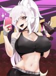  1girl animal_ear_fluff animal_ears arm_wrap bandaged_hand bandages black_choker black_eyeshadow black_pants black_sports_bra breasts character_name choker cleavage collarbone cup discordia_(vtuber) eyes_visible_through_hair eyeshadow fox_ears fox_girl gamer_supps hair_between_eyes highres holding holding_cup holding_phone jewelry large_breasts long_hair makeup midriff mole mole_on_breast navel open_mouth pants phone ponytail purple_nails red_eyes ring rumi_(rumigawa31) second-party_source selfie solo sparkle sports_bra teeth tongue upper_teeth_only vfleet virtual_youtuber white_hair yoga_pants zipper_pull_tab 