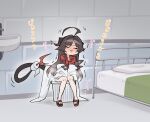  1girl absurdres ahoge bed black_hair blue_archive blush closed_eyes closed_mouth coat commentary_request demon_girl demon_horns demon_tail full_body highres horns huge_ahoge implied_peeing indoors kasumi_(blue_archive) knees_apart_feet_together long_sleeves nose_blush nukari_k peeing prison_cell red_shirt sandals shirt sink sitting sleeves_past_fingers sleeves_past_wrists solo sound_effects tail toes toilet_paper trash_can trembling white_coat 
