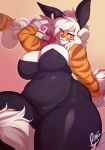  2018 anthro belly big_breasts braided_hair breasts bunny_costume buxbi buxbi_(character) cleavage clothed clothing costume digital_media_(artwork) fake_ears fake_rabbit_ears feline female fur hair long_hair looking_at_viewer mammal orange_fur overweight overweight_female signature slightly_chubby solo striped_fur stripes thick_thighs tiger voluptuous white_hair wide_hips yellow_eyes 