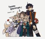  1boy 3girls :d animal_ears arknights artist_name black_hair blonde_hair blue_eyes blush brown_hair closed_eyes closed_mouth commentary dated demon_boy demon_horns dog_ears dog_girl flamebringer_(arknights) flower fox_ears fox_girl fox_tail hair_between_eyes happy_birthday highres holding holding_flower horns infection_monitor_(arknights) kitsune kyuubi long_sleeves multiple_girls multiple_tails open_mouth perfumer_(arknights) podenco_(arknights) pointy_ears red_eyes ruozhe short_hair signature simple_background single_horn smile suzuran_(arknights) symbol-only_commentary tail twitter_username white_background 