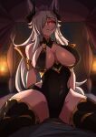  1girl absurdres animal_ears armlet black_horns black_leotard black_thighhighs blue_shirt blurry blurry_background breasts breasts_apart brick_wall candle covered_navel demon_horns discordia_(vtuber) fox_ears fox_girl girl_on_top gold_trim grey_hair hair_over_one_eye highres hip_vent horns large_breasts leotard long_hair notus_49 on_bed parted_lips red_eyes second-party_source shirt solo thighhighs vfleet virtual_youtuber 