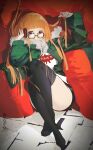  1girl absurdres ahoge behind-the-head_headphones black_shorts black_thighhighs blunt_bangs crossed_ankles cushion full_body fur-trimmed_jacket fur_trim glasses green_jacket headphones highres jacket long_hair looking_at_viewer luo29541090 no_shoes orange_hair persona persona_5 purple_eyes sakura_futaba shirt short_shorts shorts signature sitting solo thighhighs thighs white_shirt 