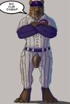 anthro baseball_cap baseball_uniform bear blue_eyes chicago_cubs clothing crossed_arms english_text fangs frown genitals hat headgear headwear humor male mammal mlb narse open_zipper penis penis_through_fly poking_out solo sportswear teeth text uniform