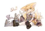  1girl absurdres amiya_(arknights) animal_ears arknights artist_name black_cat black_footwear blonde_hair blue_ribbon blush braid braided_hair_rings cat character_doll character_request check_character choshanland_plushy_(arknights) commentary_request crossover dress fox_ears fox_girl fox_tail full_body green_eyes hair_rings hairband highres kitsune kyuubi looking_at_viewer multiple_tails myrtle_(arknights) neck_ribbon official_alternate_costume open_mouth orange_dress orange_hairband pantyhose popukar_(arknights) puffy_short_sleeves puffy_sleeves ribbon second-party_source shamare_(arknights) shaw_(arknights) shio_(shiofeifei) short_sleeves sitting stuffed_animal stuffed_rabbit stuffed_toy suzuran_(arknights) suzuran_(let&#039;s_carnival!)_(arknights) tail twin_braids white_pantyhose 