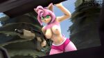 3d_(artwork) absurd_res amy_rose anthro big_breasts bottomwear breasts clothing detailed_background digital_media_(artwork) ear_piercing ear_ring eulipotyphlan exposed_breasts eyewear female fur glasses green_eyes gun hedgehog hi_res holding_gun holding_object holding_weapon lieutenantrosey looking_at_viewer mammal nipples open_mouth outside piercing pink_body pink_fur plant ranged_weapon ring_piercing sega shorts sky solo sonic_the_hedgehog_(series) source_filmmaker tail warfare_amy weapon