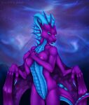 anthro blep blue_body blue_claws blue_eyes blue_fin blue_horn blue_scales blue_tongue claws dracarna dragon fantasy female glowing horn nipples pinup pose purple_body purple_scales scales selianth solo space tongue tongue_out