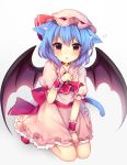  animal_ears ascot bat_wings bell bell_collar between_legs blue_hair blush brooch cat_day cat_ears cat_tail collar commentary_request dress dress_tug eyebrows_visible_through_hair frilled_dress frilled_shirt_collar frills hand_between_legs hand_on_own_chest hat hat_ribbon highres jewelry kemonomimi_mode looking_at_viewer mob_cap parted_lips paw_pose petticoat pink_dress pink_hat puffy_short_sleeves puffy_sleeves red_eyes red_footwear red_neckwear red_ribbon red_sash remilia_scarlet ribbon ruhika seiza shoes short_hair short_sleeves simple_background sitting solo tail touhou wariza white_background wings wrist_cuffs 