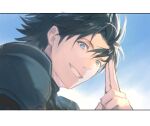  1boy armor black_hair blue_eyes blue_sky crisis_core_final_fantasy_vii final_fantasy final_fantasy_vii garbage_paper grin hair_slicked_back korean_commentary male_focus outdoors pointing pointing_up short_hair shoulder_armor sky smile spiked_hair turtleneck zack_fair 