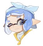  1girl :3 blue_hair bow closed_mouth commentary commission cropped_shoulders eyelashes grey_eyes hairband highres inkling inkling_girl one_eye_closed pointy_ears portrait redbeanpie0 short_hair simple_background solo splatoon_(series) splatoon_3 tentacle_hair thick_eyebrows white_background white_bow white_hairband 