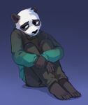 anthro bear blue_background bottomwear cheek_tuft clothed clothing corzh77 facial_tuft fur giant_panda grey_body grey_fur head_tuft hi_res looking_aside male mammal mouth_closed narrowed_eyes pants sad simple_background sitting solo topwear tuft white_body white_fur