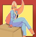 2023 anthro barefoot bedroom_eyes breasts canid canine clothed clothing crossed_legs diane_foxington dreamworks eyebrow_piercing eyewear f_draws facial_piercing feet female fluffy fluffy_tail fox fur glasses hi_res humanoid_feet jacket long_tail mammal narrowed_eyes necktie open_clothing open_jacket open_topwear orange_body orange_fur piercing plantigrade seductive sitting solo suit tail the_bad_guys topwear