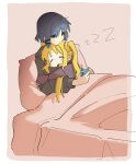  2girls absurdres ahoge blanket blonde_hair blue_hair blush bocchi_the_rock! cellphone closed_eyes cuddling detached_ahoge highres holding holding_phone hug ijichi_nijika machuuu68 multiple_girls one_side_up open_mouth phone pillow simple_background sleeping smartphone under_covers yamada_ryo yellow_eyes yuri zzz 