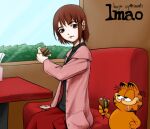  1girl absurdres black_shirt bread brown_eyes brown_hair burger cardigan cat drooling eating eymellia food food_on_face garfield garfield_(character) hair_ornament highres holding holding_food iwakura_lain logo_parody orange_cat pink_cardigan red_skirt restaurant saliva sandwich serial_experiments_lain shirt sitting skirt table window x_hair_ornament 