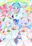  5girls :d ;) ;d absurdres akizora_(aki_precure) animal_ears arms_up blonde_hair blue_dress blue_eyes blue_hair bow bright_pupils brooch brown_eyes choker commentary cone_hair_bun cure_precious cure_puca cure_sky cure_summer cure_supreme cut_bangs delicious_party_precure detached_sleeves double_bun double_v dress earrings elbow_gloves fingerless_gloves flower gloves green_eyes hair_bow hair_bun hair_flower hair_ornament hair_pulled_back hair_ribbon hairband hand_on_own_face hand_on_own_hip heart heart_brooch heart_in_eye hibiscus highres hirogaru_sky!_precure in-franchise_crossover jewelry long_hair looking_at_viewer magical_girl medium_hair messy_hair multicolored_hair multiple_girls nagomi_yui natsuumi_manatsu one_eye_closed open_mouth orange_eyes pink_bow pink_choker pink_hair pink_hairband pink_sailor_collar precure precure_all_stars precure_all_stars_f preme_(precure) puca_(precure) puffy_detached_sleeves puffy_sleeves purple_eyes purple_hair ribbon sailor_collar single_earring sleeveless sleeveless_dress smile sora_harewataru standing strapless strapless_dress streaked_hair symbol_in_eye triangle_earrings tropical-rouge!_precure twintails two-tone_hair two_side_up v w white_choker white_dress white_gloves white_hair white_pupils white_ribbon wing_brooch wing_hair_ornament 