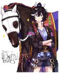  1girl animal_ears black_hair black_shorts blue_eyes blue_shirt bridle button_gap closed_mouth coat commentary_request cowboy_shot creature_and_personification crossed_arms ear_covers garland_(decoration) hair_between_eyes hair_ornament highres horse horse_ears horse_girl horse_tail jagaimobeniko katsuragi_ace_(racehorse) katsuragi_ace_(umamusume) long_sleeves looking_at_viewer multicolored_hair multiple_views open_clothes open_coat reins ribbon shirt shorts simple_background sparkle streaked_hair tail tassel tassel_hair_ornament umamusume white_background white_hair 