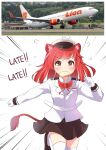  1girl aircraft airplane animal_ears black_footwear black_skirt blush bread bread_slice collared_shirt english_text food food_in_mouth gloves highres ikazu401 jacket lion_ears lion_girl lion_tail long_hair long_sleeves mouth_hold original personification photo-referenced pilot_uniform red_hair running shirt shoes skirt solo tail taking_off thighhighs toast toast_in_mouth vehicle_and_personification white_gloves white_jacket white_shirt white_thighhighs 