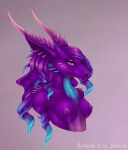 anthro blue_body blue_hair blue_scales dragon fantasy female glowing hair headshot_portrait horn nipples pink_eyes pink_horn portrait purple_body purple_hair purple_nipples scales selianth selianth_(character) simple_background solo