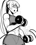  1_eye areen_(anaid) being_watched big_eyes big_tail black_and_white blush clothing cyclops exercise female hair horned_tailclops humanoid krekk0v looking_at_viewer male midriff monochrome monster_girl_(genre) muscular not_furry open_mouth orik_(anaid) simple_background solo_focus sweat tailclops weightlifting weights white_background workout 