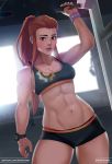  abs backlighting bangs bike_shorts blush breasts brigitte_(overwatch) brown_eyes brown_hair cleavage exercise_machine eyebrows eyelashes gym koshio lips looking_at_viewer muscle muscular_female navel nose overwatch overwatch_(logo) patreon_username ponytail short_shorts shorts sidelocks small_breasts solo sports_bra stomach toned twitter_username watch wristband wristwatch 