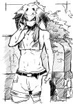  arm_at_side bangs bare_arms bare_shoulders belt bikini_top closed_mouth commentary_request eyebrows_visible_through_hair greyscale hair_between_eyes hand_on_own_cheek hand_up holding_clothes holding_shirt kemono_friends long_hair low_ponytail mizukiri_fuurai monochrome navel no_shirt shirt_removed shoebill_(kemono_friends) shorts side_ponytail solo stomach sweat upper_body 