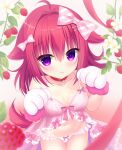  1girl :3 ahoge animal_collar animal_ears animal_hands babydoll blurry blush bow breasts breasts_apart closed_mouth collar commentary cowboy_shot depth_of_field dog_ears dog_girl dog_tail eyelashes eyes_visible_through_hair food frilled_babydoll frills fruit gloves gradient_background hair_between_eyes hair_bow hair_intakes heart heart-shaped_pupils highres kanou_minato leaf looking_at_viewer medium_breasts medium_hair nanatsu_(na_na_tsu) navel panties paw_gloves paw_pose pink_babydoll pink_background pink_bow polka_dot_babydoll purple_eyes raspberry raspberry_cube red_hair simple_background smile solo striped_bow symbol-shaped_pupils tail underwear white_background white_panties 