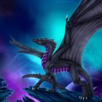ambiguous_gender black_body black_scales dragon feral flying glowing hi_res kor-zulega planet purple_body purple_scales rock scales selianth sky solo space star starry_sky