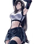  1girl arms_up black_hair black_skirt black_thighhighs breasts crop_top drop_earrings earrings elbow_gloves english_commentary final_fantasy final_fantasy_vii final_fantasy_vii_remake gloves highres jewelry kivavis large_breasts long_hair looking_at_viewer midriff navel one_eye_closed parted_lips red_eyes skirt solo stretching suspender_skirt suspenders tank_top thighhighs tifa_lockhart white_background 